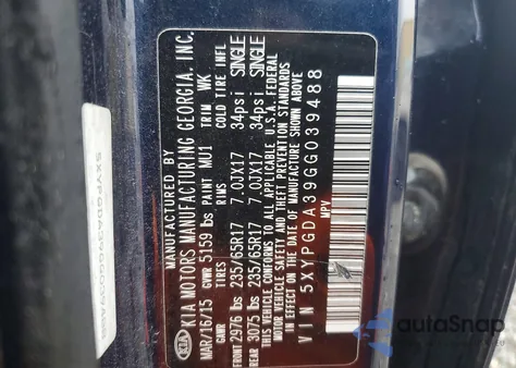 2016 Kia Sorento Lx from USA, damaged, VIN 5XYPGDA39GG039488